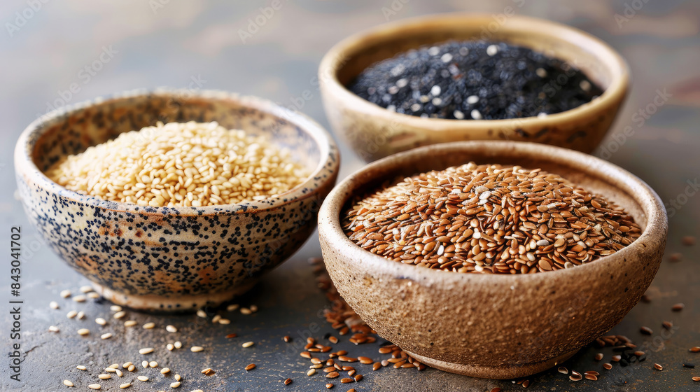 Three bowls of sesame, flax, and poppy seeds lined up in a studio setting. Three bowls of sesame, flax, and poppy seeds lined up in a studio setting.