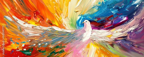 Optimized Sentence: Painting depicts abstract dove representing Holy Spirit concept in vibrant colors.