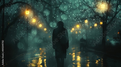 A solitary figure walks down a rain-soaked street  backlit by glowing street lamps and surrounded by bokeh