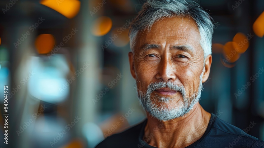 Experienced man with grey hair and a kind expression poses in a gym setting with soft focus Experienced man with grey hair and a kind expression poses in a gym setting with soft focus