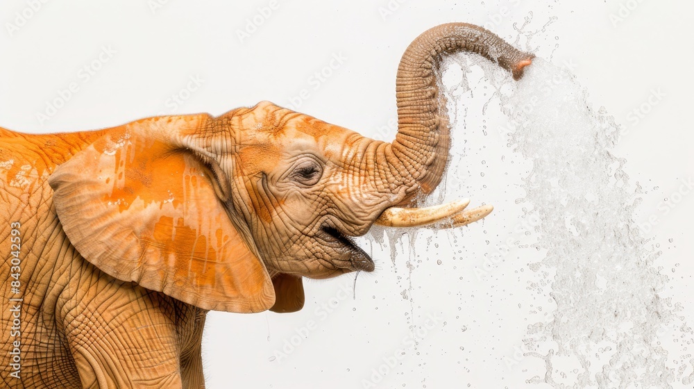 An elephant sprays water from its trunk, facing a white wall The trunk raised high, creates a misty spray before contacting its face An elephant sprays water from its trunk, facing a white wall The trunk raised high, creates a misty spray before contacting its face