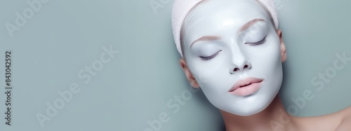 Young caucasian woman with clay mask on her face against light background with copy space. Young caucasian woman with applied sheet facial mask