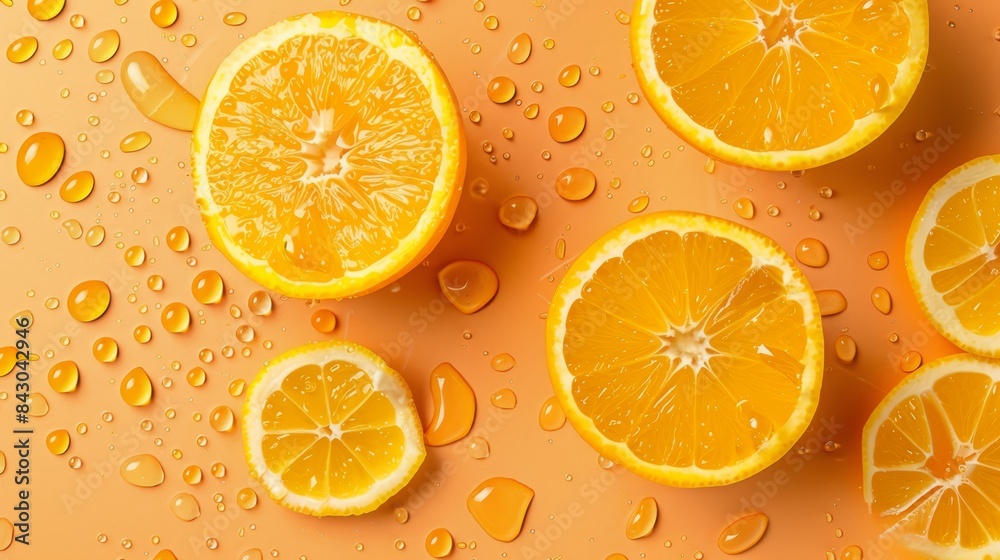 A group of oranges sits atop a table, their surfaces touched by drops of water The table's orange hue is mirrored in these very drops A group of oranges sits atop a table, their surfaces touched by drops of water The table's orange hue is mirrored in these very drops