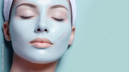 Young caucasian woman with clay mask on her face against light background with copy space. Young caucasian woman with applied sheet facial mask