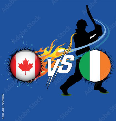 Ireland Vs Canada, Cricket Match concept with creative illustration of participant countries flag Batsman and Circle isolated on Blue background. Canada Vs Ireland.