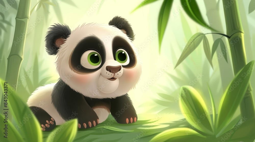 A panda bear sits amidst a bamboo forest, surrounded by lush green leaves Its eyes are wide open and expressive, wearing a contented smile A panda bear sits amidst a bamboo forest, surrounded by lush green leaves Its eyes are wide open and expressive, wearing a contented smile