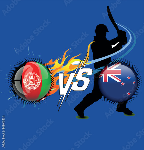New Zealand Vs Afghanistan, Cricket Match concept with creative illustration of participant countries flag Batsman and Circle isolated on Blue background. Afghanistan Vs New Zealand.