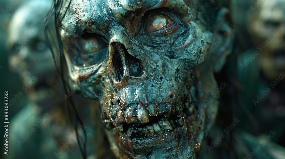 An extremely detailed shot of a zombie face showing exposed skull and intense makeup work An extremely detailed shot of a zombie face showing exposed skull and intense makeup work