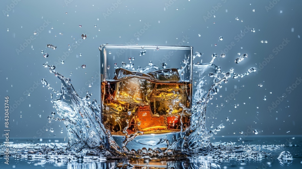 A glass of whiskey on ice against a blue backdrop - reflecting surface with splashes, blue sky overhead, and a white background for contrast A glass of whiskey on ice against a blue backdrop - reflecting surface with splashes, blue sky overhead, and a white background for contrast