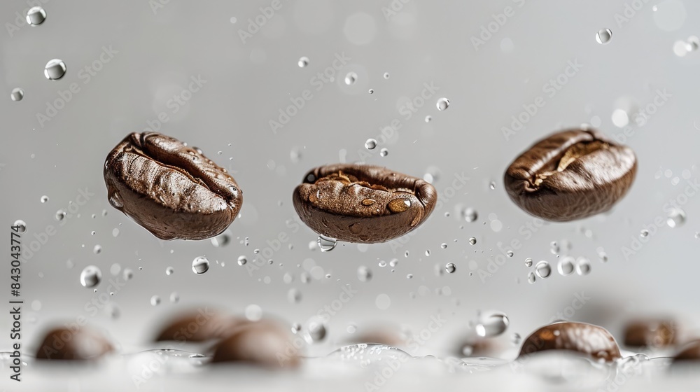 A cluster of coffee beans suspended in the air above a mound of beans, dripping with water at their tops and bottoms, on a pristine white backdrop A cluster of coffee beans suspended in the air above a mound of beans, dripping with water at their tops and bottoms, on a pristine white backdrop