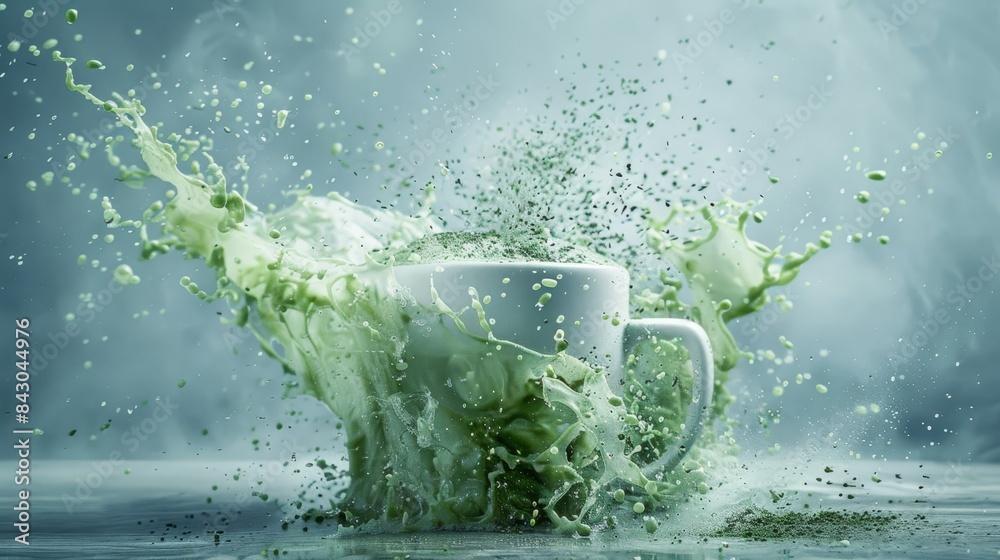 A white coffee cup overflows, dispensing a green liquid onto a blue and gray background The surface tension of the spilled liquid creates a small, circular wave atop the cup before A white coffee cup overflows, dispensing a green liquid onto a blue and gray background The surface tension of the spilled liquid creates a small, circular wave atop the cup before