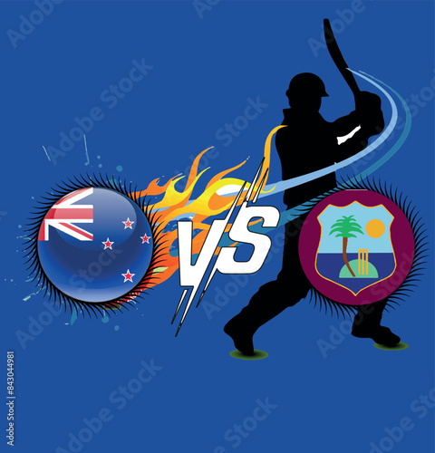 west indies vs new zealand, Cricket Match concept with creative illustration of participant countries flag Batsman and Circle isolated on Blue background. new zealand Vs west indies.	