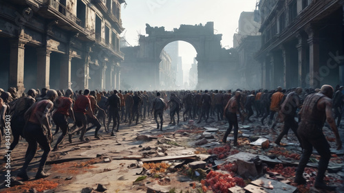 In the ruins of the city, the relentless zombie horde moves as one, devouring everything in their path, Generative AI