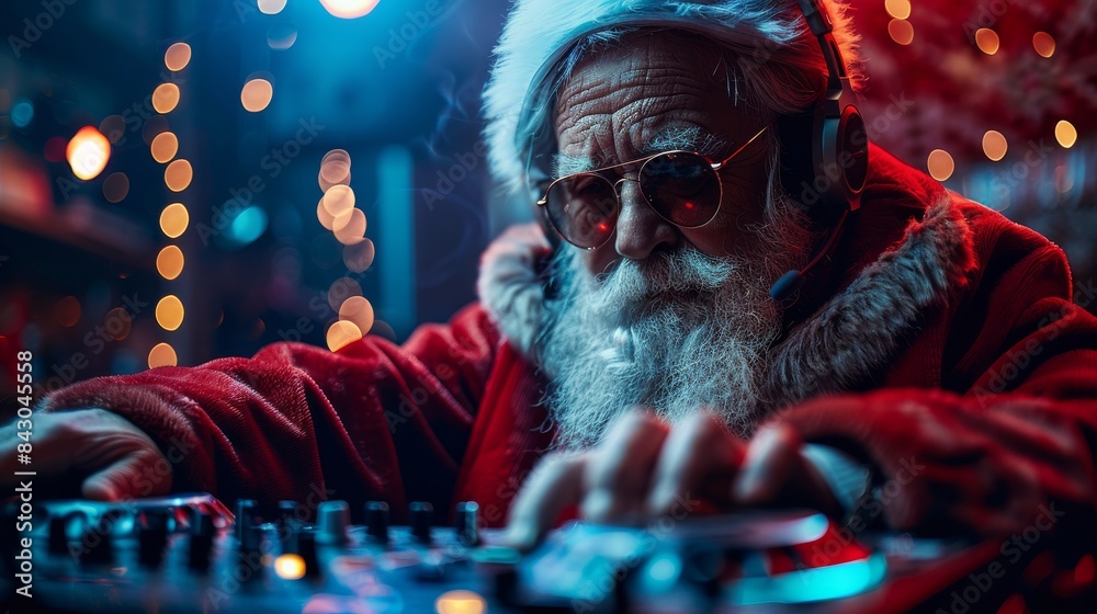Up close view of Santa Claus DJing with headphones, touching a turntable with blue and red lighting Up close view of Santa Claus DJing with headphones, touching a turntable with blue and red lighting