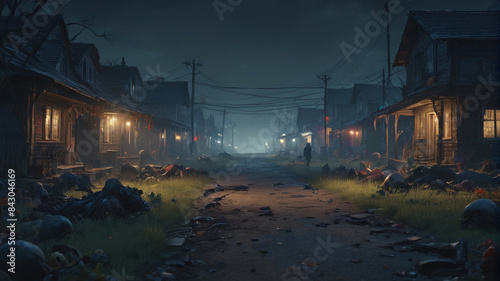 The quiet village is thrown into chaos as zombies rise from the ground, their hungry moans filling the air, Generative AI