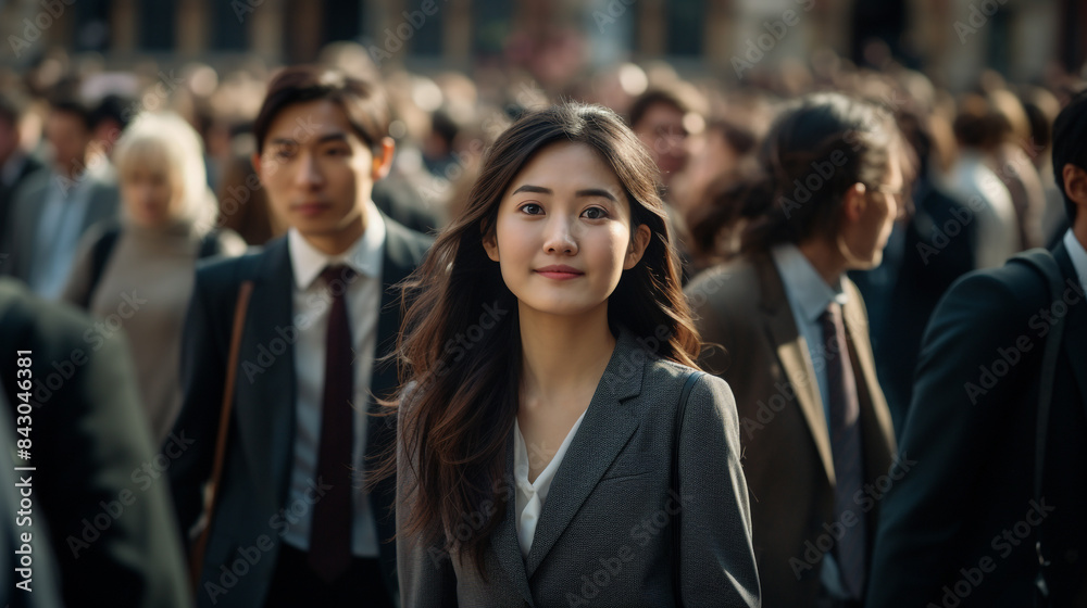 Fototapeta premium Asian Business Woman smiling with confidence in a busy crowd