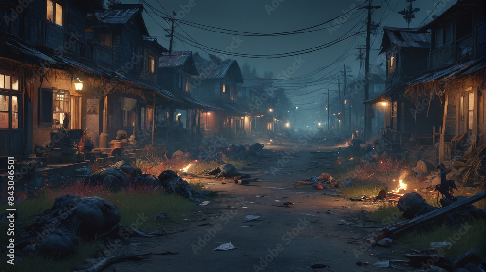 Obraz premium The quiet village is thrown into chaos as zombies rise from the ground, their hungry moans filling the air, Generative AI