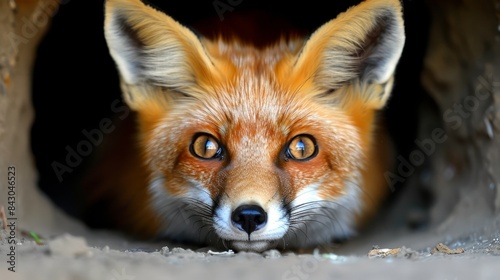  A red fox's face and eyes, tightly focused, peek out from a hole in the earth Dirt lines the edge of the opening © Jevjenijs