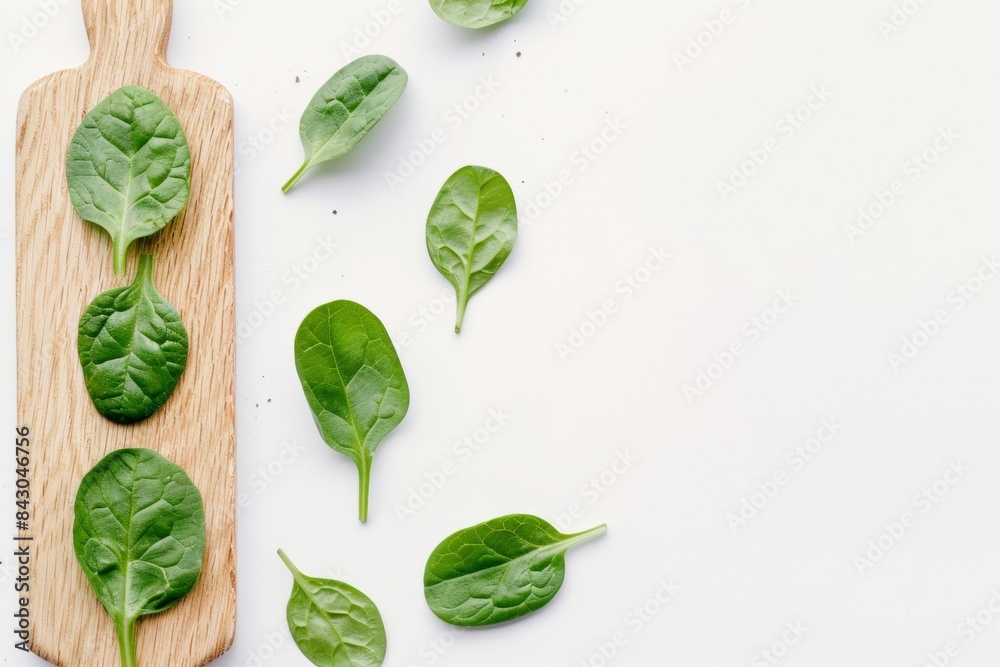 Obraz premium Fresh Sliced Spinach on Wooden Board Against White Background with Copy Space - Nutrition - Culinary Arts - Vegan Cooking