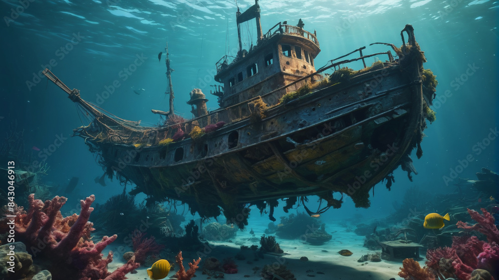 In the depths of the ocean, a mysterious sea creature guards a sunken shipwreck filled with ancient artifacts, Generative AI In the depths of the ocean, a mysterious sea creature guards a sunken shipwreck filled with ancient artifacts, Generative AI