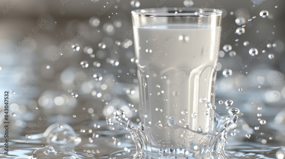 A glass of water with a single splash at the bottom and water droplets clinging to it A glass of water with a single splash at the bottom and water droplets clinging to it
