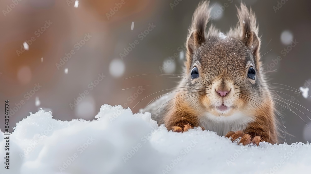 A tight shot of a squirrel in the snow, its eyes alert and nostrils poking out above a mound of snow A tight shot of a squirrel in the snow, its eyes alert and nostrils poking out above a mound of snow