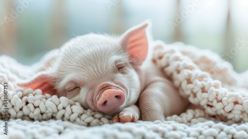  A small white pig on a white blanket