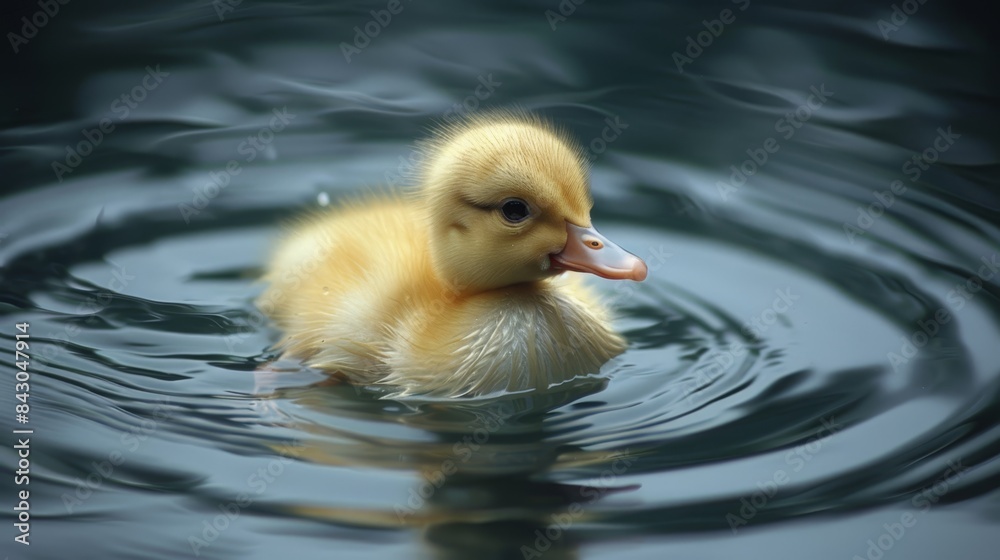 A duckling swims in a pond, leaves ripples on its back Its head is above water, at the front end A duckling swims in a pond, leaves ripples on its back Its head is above water, at the front end
