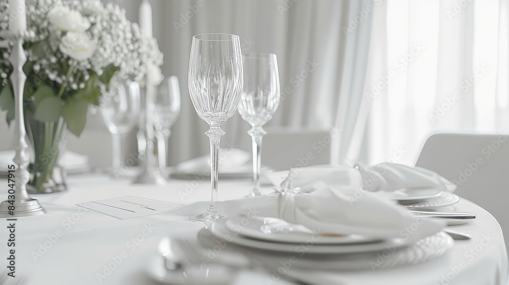 Elegant dining table set with crystal glasses and silver cutlery, luxurious menu card mockup, placed on a white cinematic background Elegant dining table set with crystal glasses and silver cutlery, luxurious menu card mockup, placed on a white cinematic background