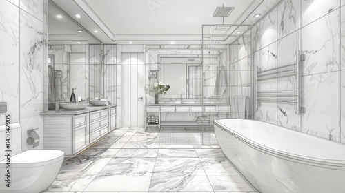 Elegant bathroom with marble finishes, depicted with a combination of realistic textures and structural drawing wireframe lines