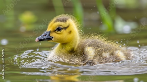  A tight shot of a duck hovering above mirrored water, surrounded by grassy background Foreground features a duckling, adorned with water droplets clinging to its © Jevjenijs