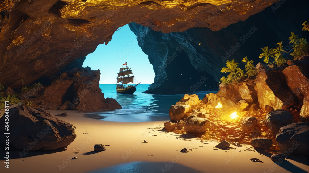 Naklejka premium On the deserted island, a marooned sailor discovers a hidden cave filled with glittering pirate gold, Generative AI