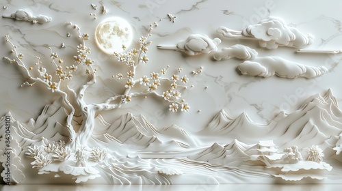 3d Chinese landscape Wallpaper Background golden art for digital printing wallpaper, mural, custom design wallpaper. AI generated illustration