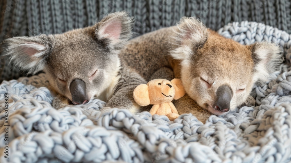 Two koalas sleep next to each other on a blanket A bear is on one side, and another is on the opposite side Two koalas sleep next to each other on a blanket A bear is on one side, and another is on the opposite side