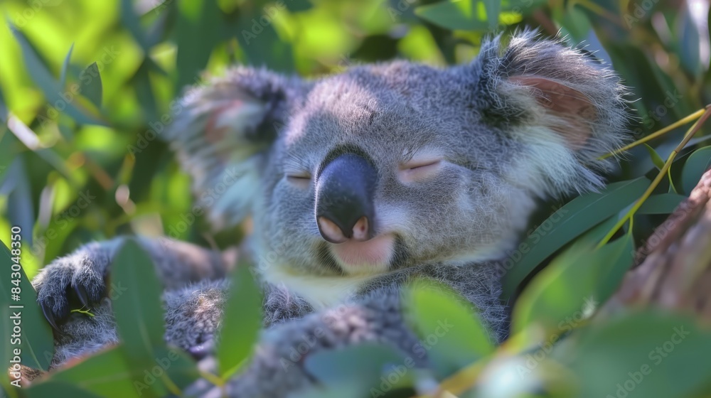 A koala, up close, naps in a tree with eyes shut, head atop a leafy branch A koala, up close, naps in a tree with eyes shut, head atop a leafy branch