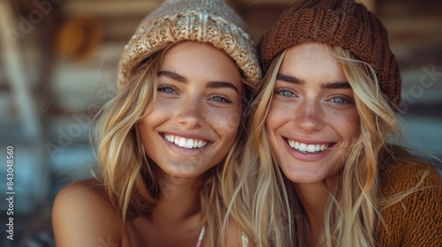 Two female friends sharing a laugh, dressed in warm winter clothing