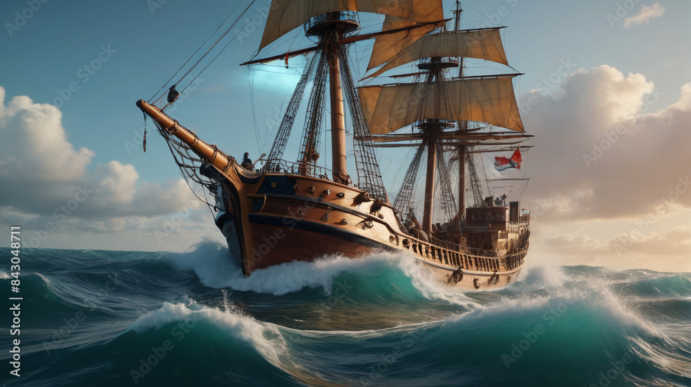 Amidst the crashing waves, a brave captain battles a giant sea serpent threatening his ship and crew, Generative AI Amidst the crashing waves, a brave captain battles a giant sea serpent threatening his ship and crew, Generative AI