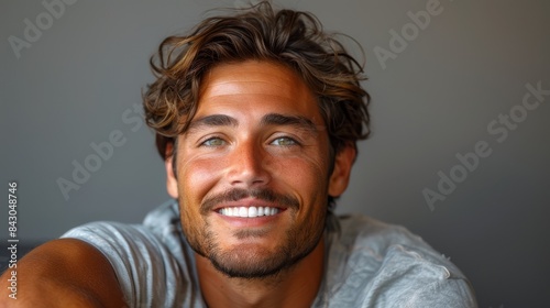 Young adult male with tousled hair smiles pleasantly in natural light