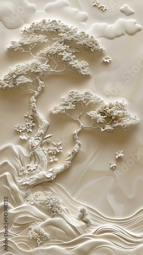 Beautiful Chinese landscape 3d relief wallpaper. Mural wallpaper. Wall art. AI generated illustration.