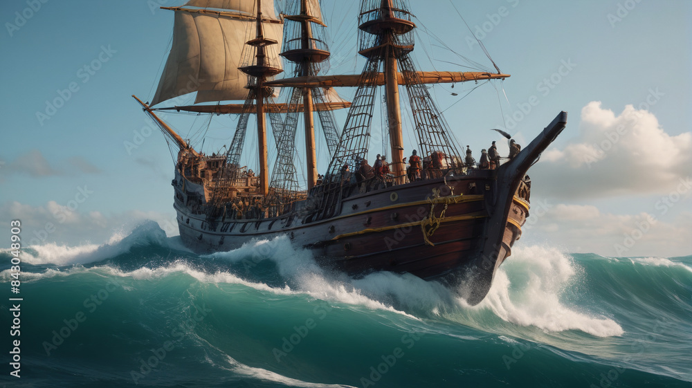 Obraz premium Amidst the crashing waves, a brave captain battles a giant sea serpent threatening his ship and crew, Generative AI