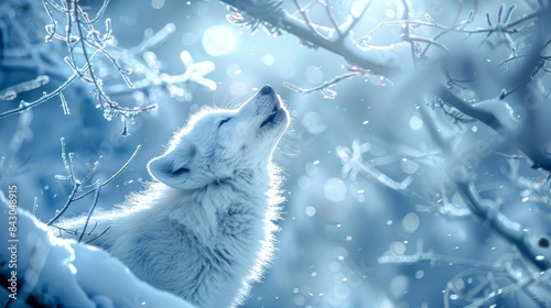  A white wolf gazes at the snow-laden branch above, in a snowy forest His head is raised, eyes fixed on the winter sky as snowflakes gently fall © Jevjenijs