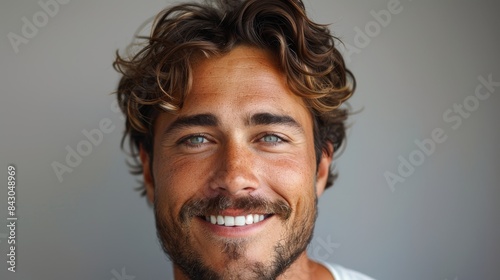 Attractive male with curly hair and a beaming smile in a close-up portrait © svastix