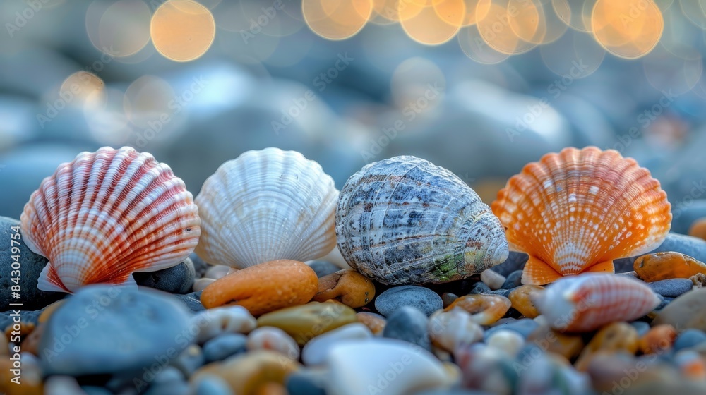 A group of seashells sits atop a beach, adjacent to a stack of rocks and pebbles Behind them lies a body of water with a tranquil breeze ruffling A group of seashells sits atop a beach, adjacent to a stack of rocks and pebbles Behind them lies a body of water with a tranquil breeze ruffling