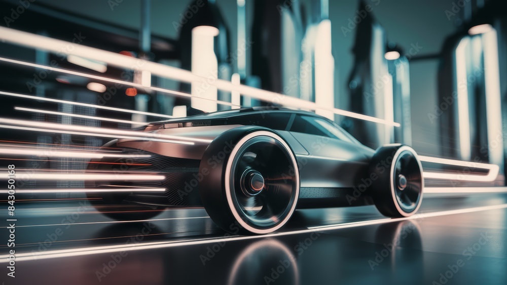 Obraz premium A futuristic car is moving through a city at night, AI