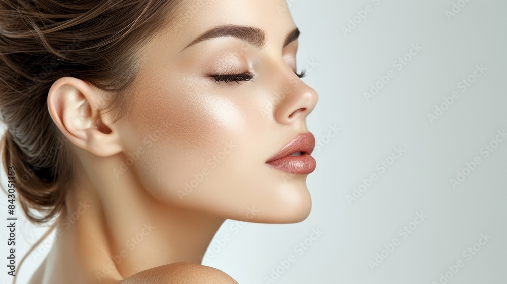 A close-up of a woman's face with eyes closed and hair in a ponytail A close-up of a woman's face with eyes closed and hair in a ponytail