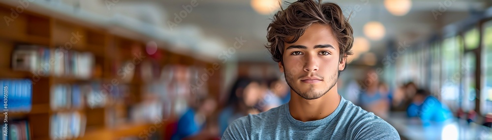 A young man with brown hair and brown eyes is standing in a library. He is wearing a gray t-shirt and has his arms crossed. He is looking at the camera with a serious expression. A young man with brown hair and brown eyes is standing in a library. He is wearing a gray t-shirt and has his arms crossed. He is looking at the camera with a serious expression.