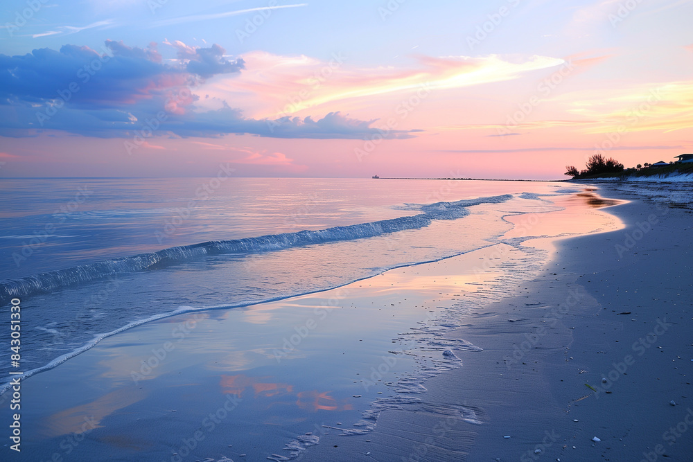 A tranquil beach with rhythmic waves mirroring the soft pastel hues of a serene sunset. A tranquil beach with rhythmic waves mirroring the soft pastel hues of a serene sunset.