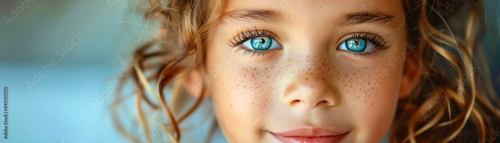 Fototapeta premium A beautiful young girl with freckles and blue eyes smiles at the camera. She has long, curly hair and a warm, friendly expression on her face. She is wearing a simple white dress.