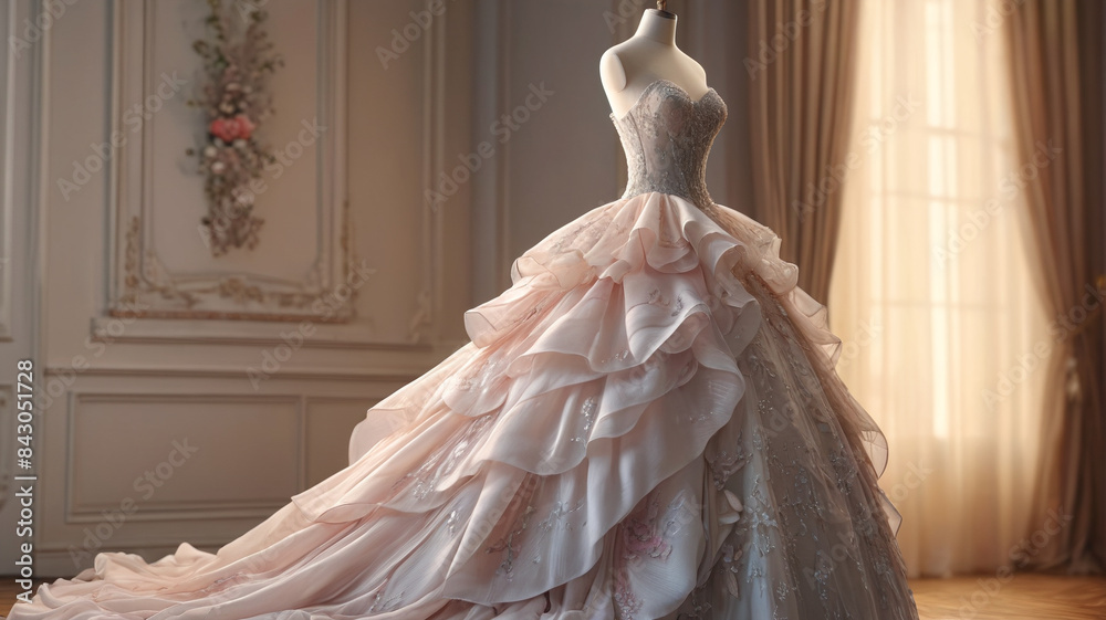 Cascading in layers of soft chiffon, the breathtaking ballgown on the mannequin captures the essence of romance and grace, Generative AI