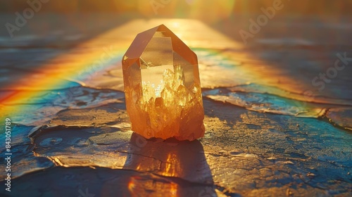  A crystal situated in the road's center, flanked by a rainbow adorning its edge Sunlight bathes the distance, illuminating the sun-kissed road photo